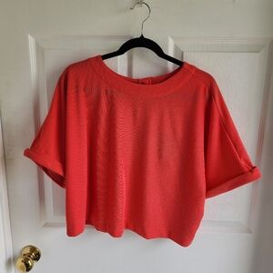 Adrianna Papell Mini Rib Crop Button Back Knit Top Coral Sz L